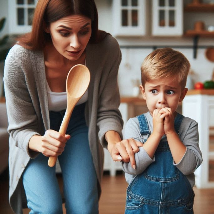 Eine Mutter droht einem kleinen Jungen mit dem Holzlöffel. Das Kind scheint die Folgen zu erahnen und blickt ängstlich drein. .