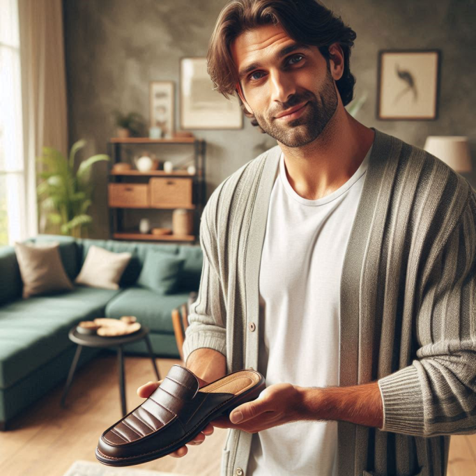 Ein Vater zeigt sein Schlappen in den Händen halten. Es scheint, als böte er damit jetzt eine Tracht Prügel an.