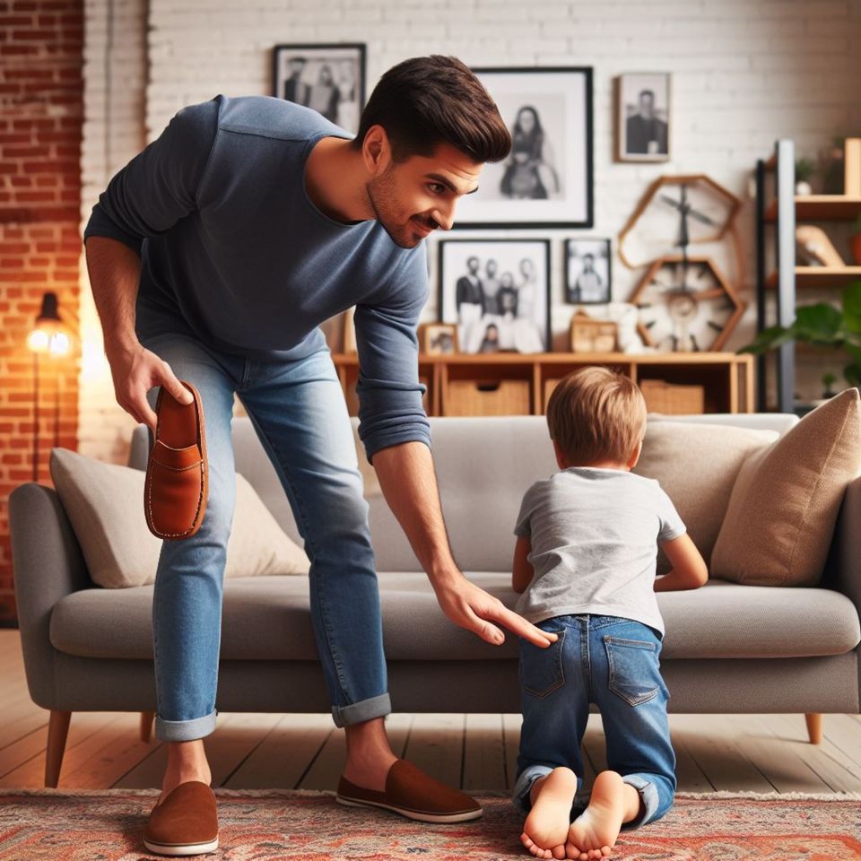 Ein Vater hält ein Kinderschlappen in der einen Hand und zeigt mit der anderen Hand auf den Po eines an einem Sofa  knieenden Kindes. 