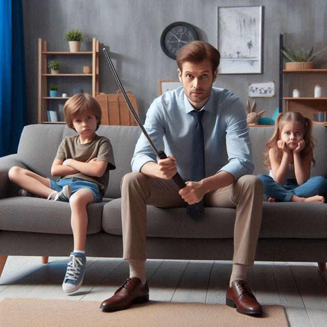 Vater im Business - Dress sitzt auf dem Sofa mit einem Stock zwischen zwei kleinen Kindern. 