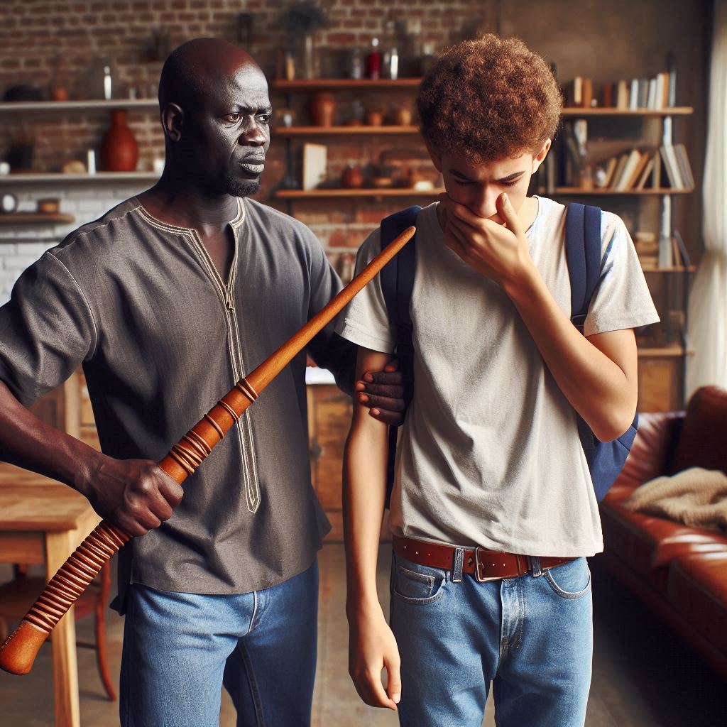 Afrikanischer Vater droht Sohn mit dem Stock
