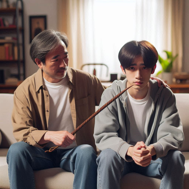 Asiatischer Vater reibt seinem Sohn ein Stock / eine Gerte vor die Nase. Der Junge schaut ängstlich drein. 