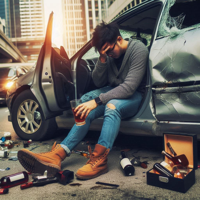 Autounfall nach Alkoholfahrt mit Folgen. Fahrer sitzt unter Schock bei geöffneter PKW - Tür inmitten von Alkoholika komplett nervlich am Ende.