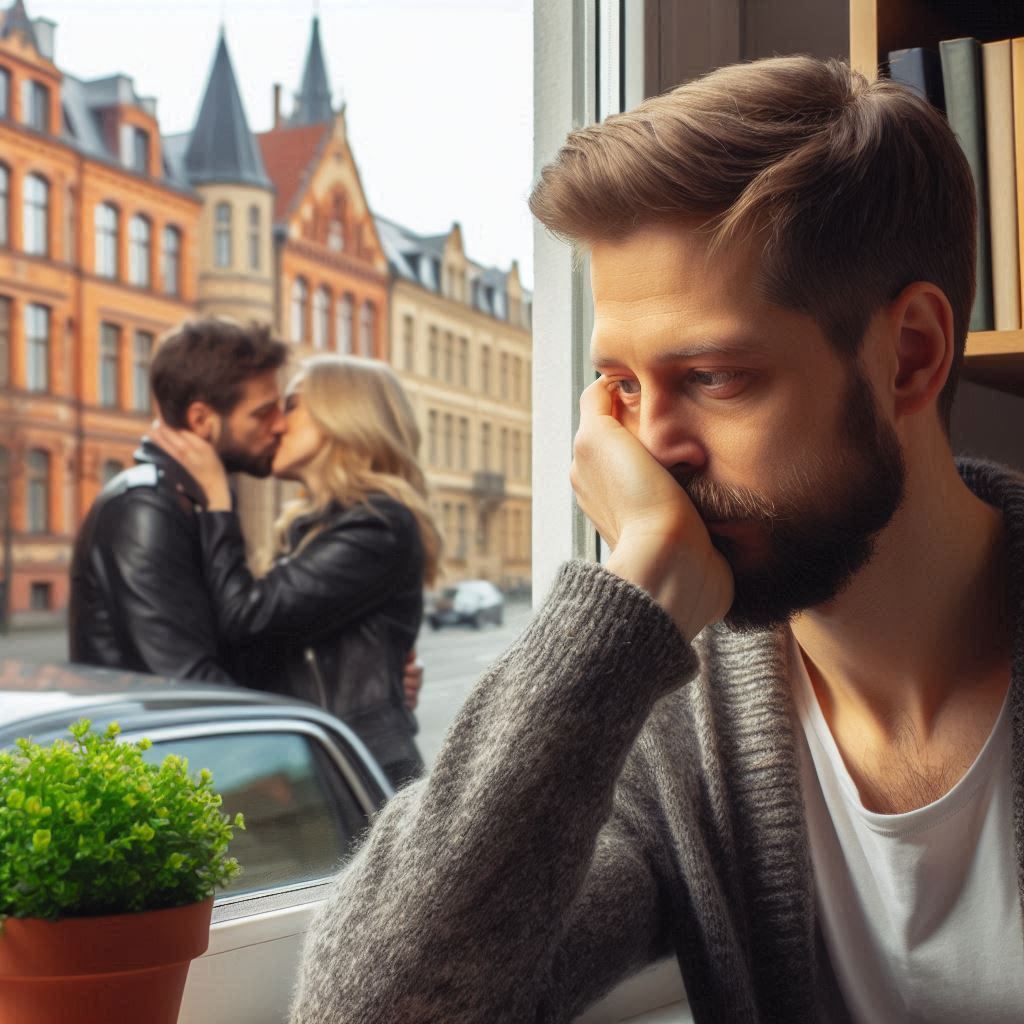 Mann sitzt am Fenster traurig und einsam. Draußen auf der Straße küsst sich ein Paar. 
